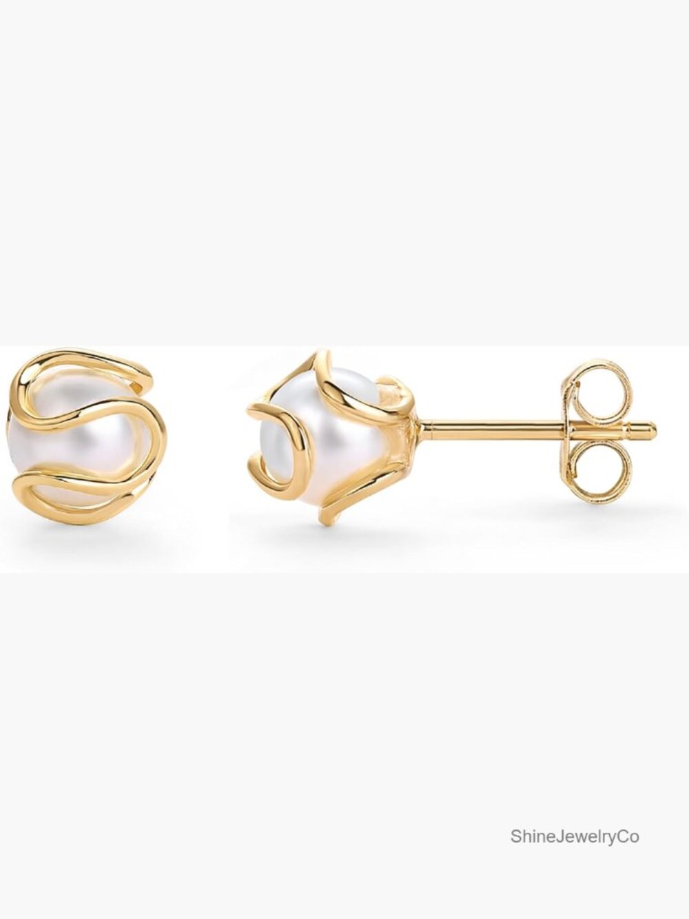 Round Caged Small Pearl Stud Earrings - Gold Plated Hypoallergenic